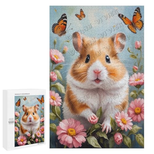 Ölgemälde mit Hamster mit Blume, 1000 Teile für Erwachsene, Puzzle für Hamster-Liebhaber zum Genießen und Entspannen, Geschenk für Weihnachten, Holz, personalisierbar von NANVIER