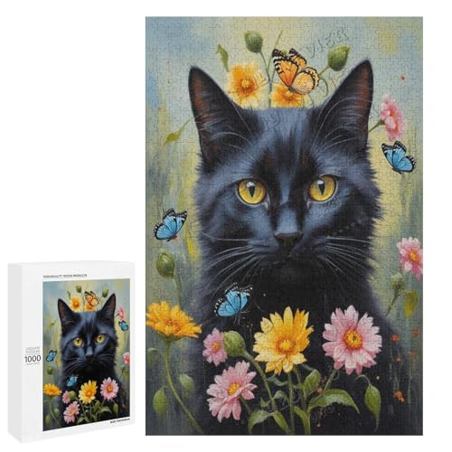 Ölgemälde mit schwarzer Katze mit Blume, 1000 Teile für Erwachsene, Puzzle für Katzenliebhaber zum Genießen und Entspannen, Geschenk für Weihnachten, Holz, personalisierbar von NANVIER