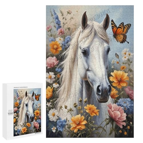 Pferd mit Blume, Ölgemälde, 1000-teiliges Pferde-Puzzle für Erwachsene, lustiges und herausforderndes Puzzle-Erlebnis, Holz, personalisierbar von NANVIER