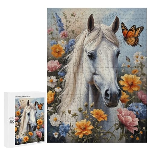 Pferd mit Blume, Ölgemälde, 500-teiliges Pferde-Puzzle für Erwachsene, lustiges und herausforderndes Puzzle-Erlebnis, Holz, personalisierbar von NANVIER