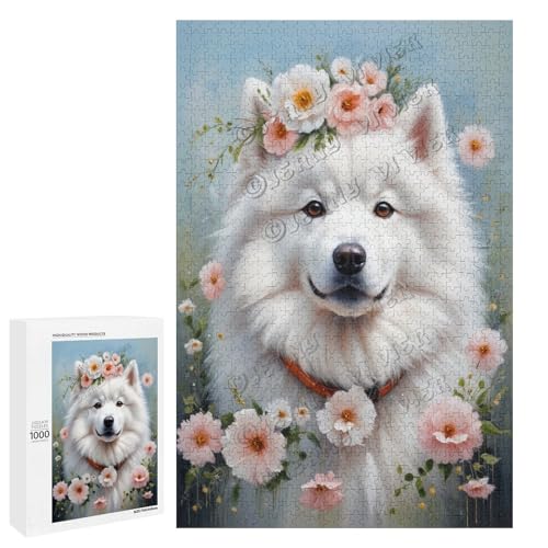 Samojede, 1000-teiliges Puzzle für Erwachsene, Motiv: Hund mit Blume, aus Holz, personalisierbar von NANVIER