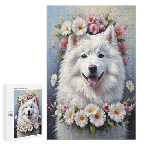 Samojede, 1000-teiliges Puzzle für Erwachsene, Motiv: Hund mit Blume, eine lustige und entspannende Art, Ihre Liebe zu Hunden zu feiern, aus Holz, personalisierbar von NANVIER