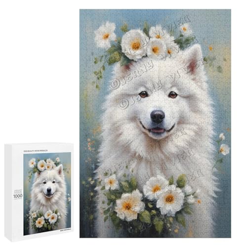 Samojede, Hund mit Blume, Ölgemälde, 1000-teiliges Hundepuzzle für Erwachsene, lustiges und herausforderndes Puzzle-Erlebnis, Holz, personalisierbar von NANVIER