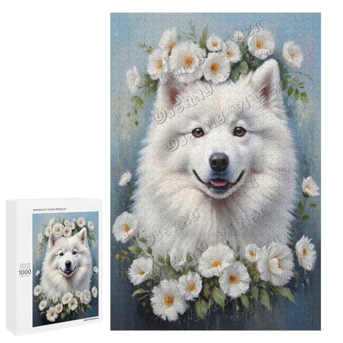 Samojede, Hund mit Blume, Ölgemälde, 500-teiliges Puzzle für Erwachsene, perfekt für Entspannung und Genuss, Holz, personalisierbar von NANVIER