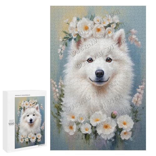 Samojede-Ölgemälde, Hund mit Blume, 500-teiliges Puzzle für Erwachsene, Puzzle für Entspannung und Genuss, Holz, personalisierbar von NANVIER