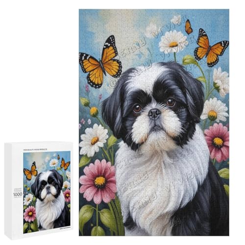 Schwarz-weißes Shih Tzu mit Blumen-Ölgemälde, 1000-teiliges Erwachsenen-Puzzle – perfekt für Familienspielabende und Hundebegeisterte, Holz, personalisierbar von NANVIER