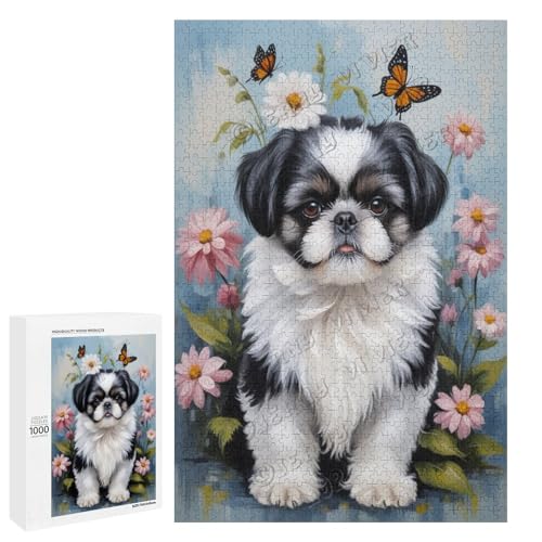 Schwarz-weißes Shih Tzu mit Blumen-Ölgemälde, 1000-teiliges Puzzle für Erwachsene, faszinierendes Kunstwerk für Hundebegeisterte, Holz, personalisierbar von NANVIER