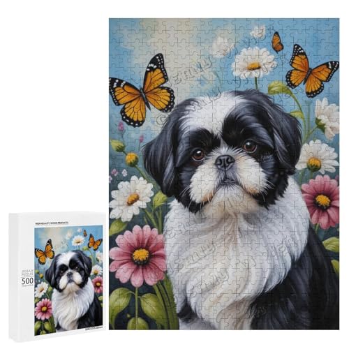 Schwarz-weißes Shih Tzu mit Blumen-Ölgemälde, 500-teiliges Erwachsenen-Puzzle – perfekt für Familienspielabend und Hunde-Enthusiasten, Holz, personalisierbar von NANVIER