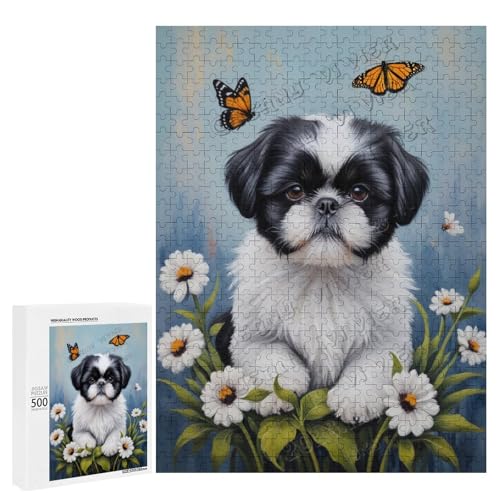 Schwarz-weißes Shih Tzu mit Blumen-Ölgemälde, 500-teiliges Erwachsenenpuzzle – eine lustige Herausforderung für Hundefans, Holz, personalisierbar von NANVIER