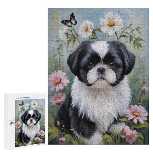 Schwarz-weißes Shih Tzu mit Blumen-Ölgemälde, 500-teiliges Puzzle – eine lustige Herausforderung für Erwachsene, die Hunde lieben, Holz von NANVIER