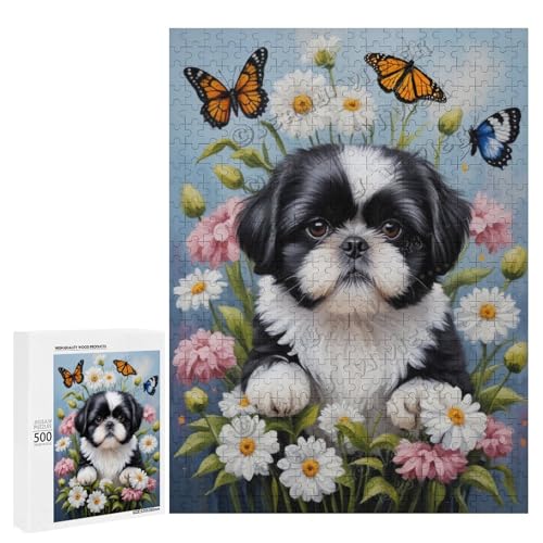 Schwarz-weißes Shih Tzu mit Blumen-Ölgemälde, 500-teiliges Puzzle für Erwachsene, ansprechendes Puzzle mit geliebter Hunderasse, Holz, personalisierbar von NANVIER