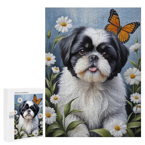 Schwarz-weißes Shih Tzu mit Blumen-Ölgemälde, 500-teiliges Puzzle für Erwachsene, perfekt für Entspannung und Genuss, Holz, personalisierbar von NANVIER