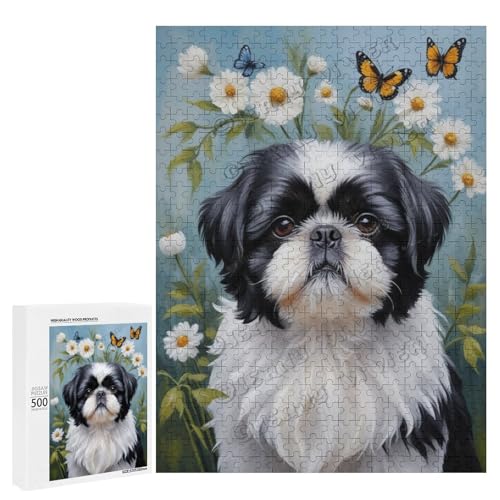 Schwarz-weißes Shih Tzu mit Blumen-Ölgemälde, Puzzle für Erwachsene, Puzzle für Hundeliebhaber zum Genießen und Entspannen, Geschenk für Weihnachten, Holz, personalisierbar von NANVIER