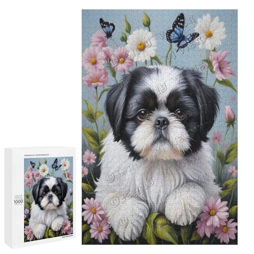 Schwarz-weißes Shih Tzu mit Blumen-Ölgemälde-Puzzle mit 1000 Teilen – ein fesselndes Puzzle-Erlebnis für diejenigen, die Dackel lieben, Holz von NANVIER