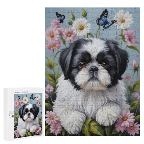 Schwarz-weißes Shih Tzu mit Blumen-Ölgemälde-Puzzle mit 500 Teilen – ein ansprechendes Puzzle-Erlebnis für diejenigen, die Dackel lieben, Holz von NANVIER