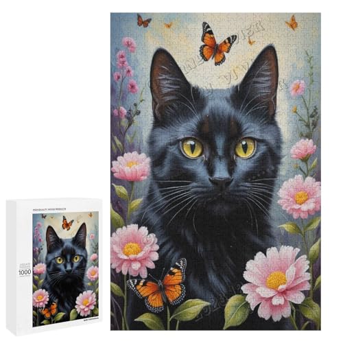 Schwarze Katze mit Blume, Ölgemälde, 1000-teiliges Puzzle für Erwachsene, faszinierendes Kunstwerk für Katzenliebhaber, Holz, personalisierbar von NANVIER