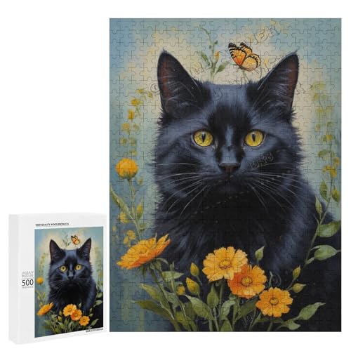 Schwarze Katze mit Blume, Ölgemälde, 500-teiliges Puzzle für Erwachsene, eine lustige Herausforderung für Katzenfans, Holz, personalisierbar von NANVIER