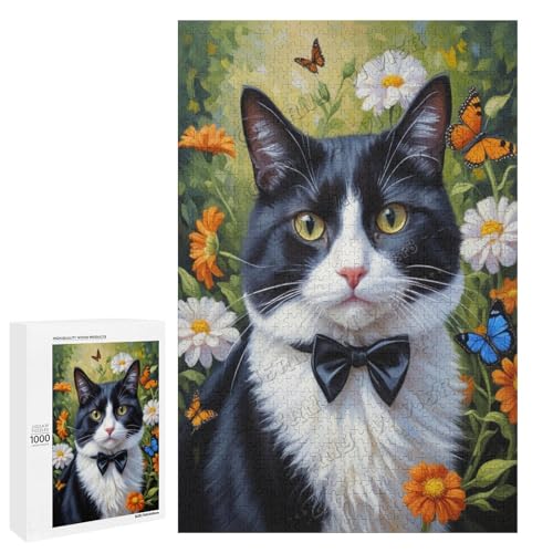 Smoking-Katze mit Blume, Ölgemälde, 1000-teiliges Puzzle, eine lustige Herausforderung für Erwachsene, die Katzen lieben, aus Holz, personalisierbar von NANVIER