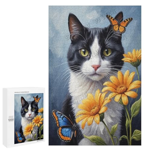 Smoking-Katze mit Blume, Ölgemälde, 1000-teiliges Puzzle für Erwachsene, ansprechendes Puzzle mit geliebter Katzenrasse, Holz, personalisierbar von NANVIER