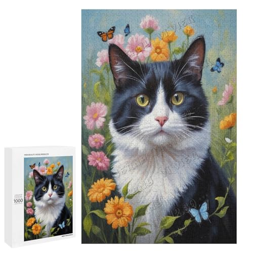 Smoking-Katze mit Blume, Ölgemälde, 1000-teiliges Puzzle für Erwachsene, eine lustige Herausforderung für Katzenfans, Holz, personalisierbar von NANVIER