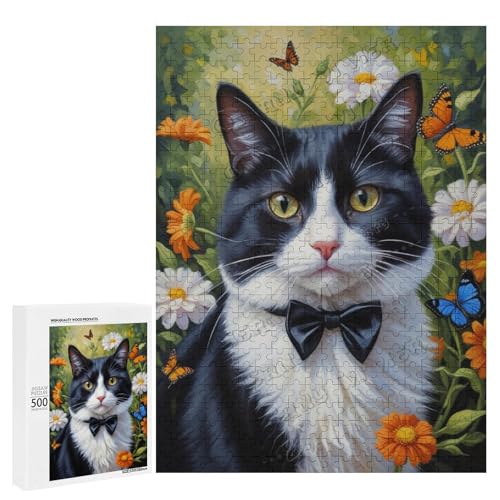 Smoking-Katze mit Blume, Ölgemälde, 500-teiliges Puzzle, eine lustige Herausforderung für Erwachsene, die Katzen lieben, aus Holz, personalisierbar von NANVIER