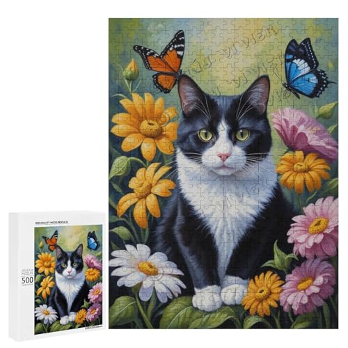 Smoking-Katze mit Blume, Ölgemälde, 500-teiliges Puzzle für Erwachsene, Kunstwerk von entzückenden Retrievern, Holz, personalisierbar von NANVIER