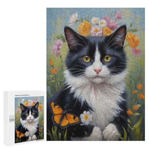 Smoking-Katze mit Blume, Ölgemälde, 500-teiliges Puzzle für Erwachsene, Puzzle mit verspielten Hundebegleitern, Holz, personalisierbar von NANVIER