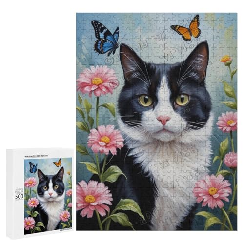 Smoking-Katze mit Blume, Ölgemälde, 500-teiliges Puzzle für Erwachsene, faszinierendes Kunstwerk für Katzenliebhaber, Holz, personalisierbar von NANVIER