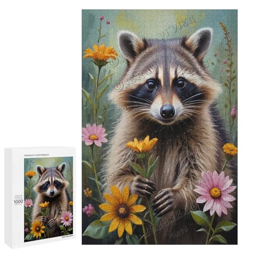 Waschbär mit Blume, Ölgemälde, 1000-teiliges Erwachsenenpuzzle – eine lustige Herausforderung für Waschbär-Fans, Holz, personalisierbar von NANVIER