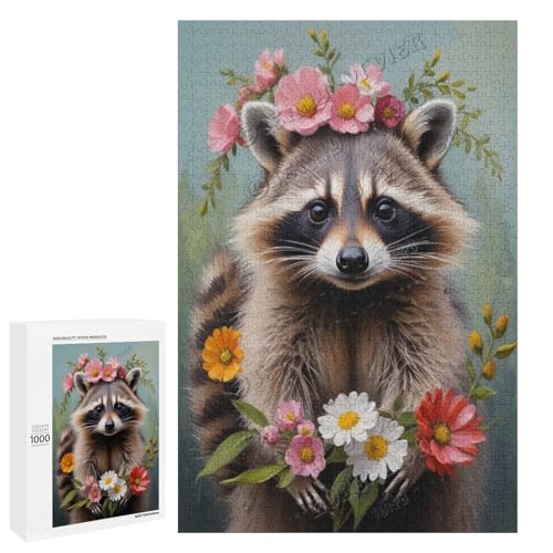 Waschbär mit Blume, Ölgemälde, 1000-teiliges Puzzle für Erwachsene, faszinierendes Kunstwerk für Waschbär-Enthusiasten, Holz, personalisierbar von NANVIER