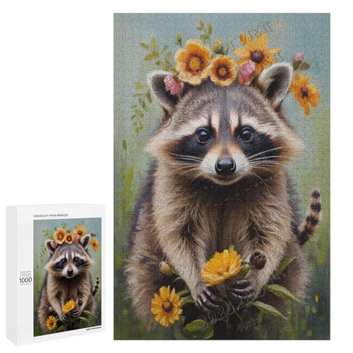 Waschbär mit Blume, Ölgemälde, 1000-teiliges Puzzle für Erwachsene, perfekt für Entspannung und Genuss, Holz, personalisierbar von NANVIER