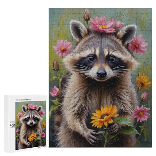 Waschbär mit Blume, Ölgemälde, 500-teiliges Puzzle für Erwachsene, Puzzle mit verspielten Hundebegleitern, Holz, personalisierbar von NANVIER