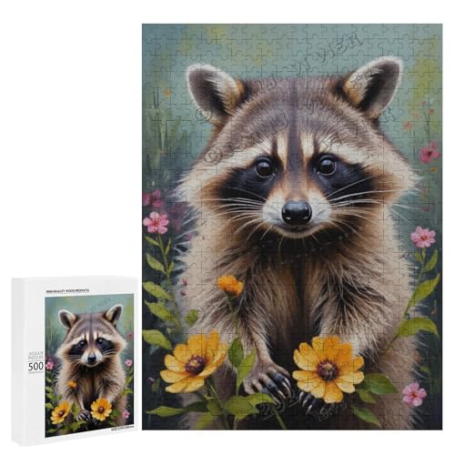 Waschbär mit Blume, Ölgemälde, 500-teiliges Puzzle für Erwachsene, ansprechendes Puzzle mit geliebter Waschbärrasse, Holz, personalisierbar von NANVIER