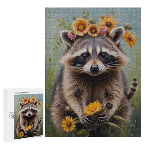 Waschbär mit Blume, Ölgemälde, 500-teiliges Puzzle für Erwachsene, perfekt für Entspannung und Genuss, Holz, personalisierbar von NANVIER