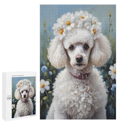 Weißer Pudelhund mit Blume, Ölgemälde, 1000-teiliges Hundepuzzle für Erwachsene, lustiges und herausforderndes Puzzle-Erlebnis, Holz, personalisierbar von NANVIER