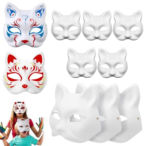 NASSMOSSE 10pcs Katzenmaske 7.1x6.7 Leere Katzenmasken zum Malen, DIY halb Gesicht weiße Therian -Katzenmaske, tragbare Therian -Ausrüstung mit Gummiband für Maskerade -Cosplay -Party von NASSMOSSE