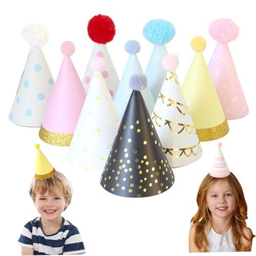 NASSMOSSE 10pcs Partyhüte 4x6.7in farbenfrohe Geburtstagshüte mit Pom Pom Poms Zufallsstil Geburtstagskegel mit elastischen Trägern dekorativen Hut für Kinder Erwachsene von NASSMOSSE