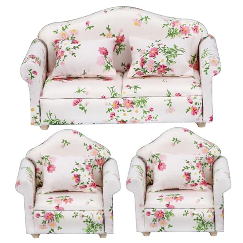 NASSMOSSE 3pcs/Set 1 12 Skala Dollhouse Möbel, Blumenmuster Doppel ＆ Einzelpuppenhaus Couch mit Kissen Sessel Sofa Wohnzimmer Dollhouse Möbel Holzpuppenhauszubehör von NASSMOSSE