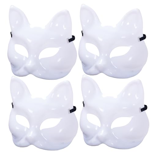 NASSMOSSE 4 PCs Katzenmaske DIY Blankin lackierbar Halloween Fox Maske Halbgesicht unvollendete weiße Therian -Maske mit elastischer Band für Cosplay Masquerade Party Halloween Dekor von NASSMOSSE