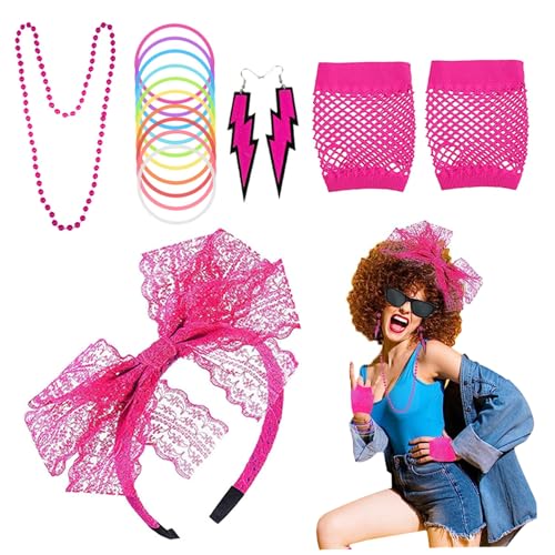 NASSMOSSE 5 Stück/Set 80er Jahre Verkleidung für Frauen 80er Jahre Neon Kostüm Zubehör Set mit Spitze Stirnband Fischnetz Handschuhe Neon Ohrringe Perlenkette für 80er Jahre Party von NASSMOSSE