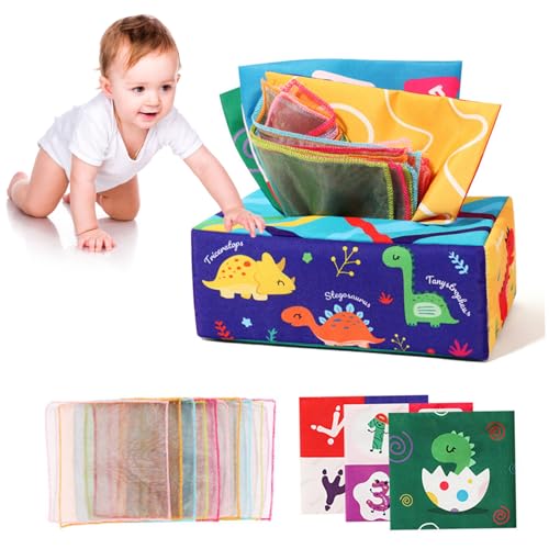 NASSMOSSE Baby Tissue Box Spielzeug 0-6 Monate Sensorisches Spielzeug für Babys Crinkle Toys Frühes Lernen Spielzeug für Babygeschenke Dinosaurier von NASSMOSSE