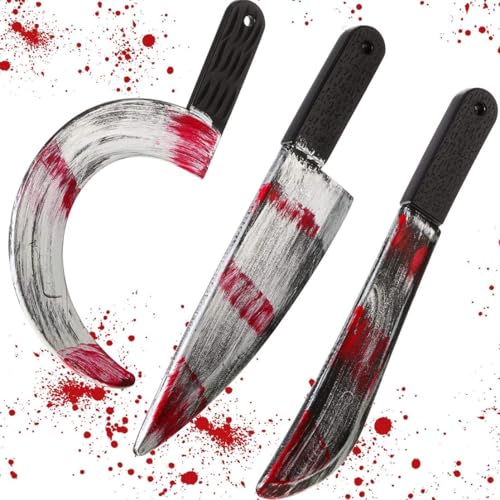 NASSMOSSE Halloween Kostümschneider, 3pcs blutige falsche süßeres Halloween -Machete -Spielzeug, Plastik von NASSMOSSE