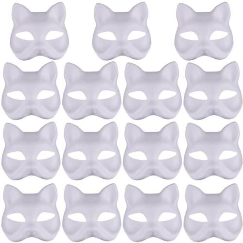 NASSMOSSE Katzenmaske 15pcs Halbfuchsmaske Weiße Therian Maske DIY Lackierbare Leere Maskerade -Masken mit elastischer Band Tiergesichtsmaske für Holloween, Maskerade -Party, Cosplay Halloween Dekor von NASSMOSSE