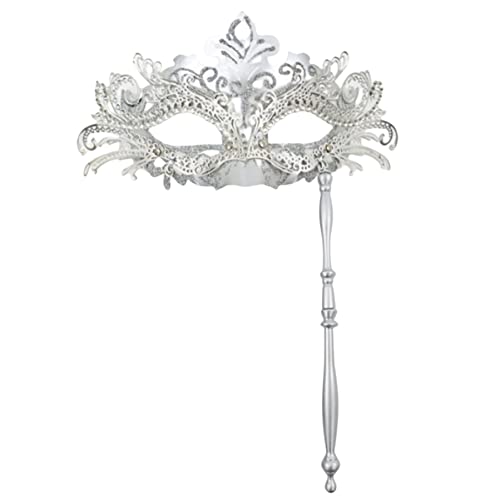 NASSMOSSE Masquerade -Maske auf Stick Metal Handheld Mardi Gras Mask Abnehmbarer Maskerade -Ballmaske für Partykostümzubehör Silber Halloween Dekor von NASSMOSSE