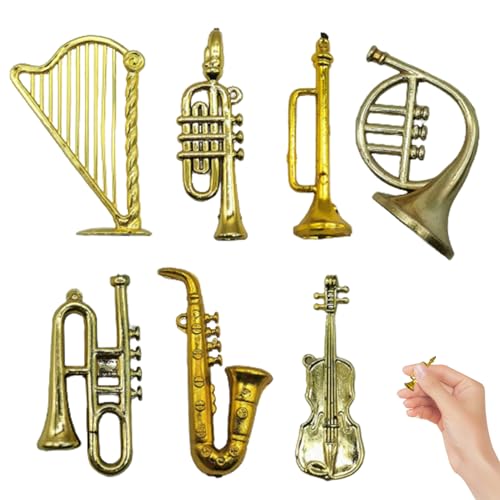 NASSMOSSE Miniatur -Musikinstrumente 7pcs/Set Plastik Saxophon Weihnachtsschmuck hängen winzige Geige mit Lochhaken Goldene Spielzeug -Trompete für Puppenhause Ornamente, Weihnachtsbaum von NASSMOSSE