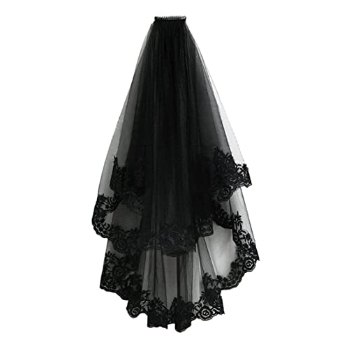 NASSMOSSE Schwarzer Spitzenschleiern Mantilla Kathedrale Tüll Sheer Hochzeit Halloween Schleierparty Hochzeitsschleiftüchtigkeit Rand mit Kamm mit Kamm von NASSMOSSE