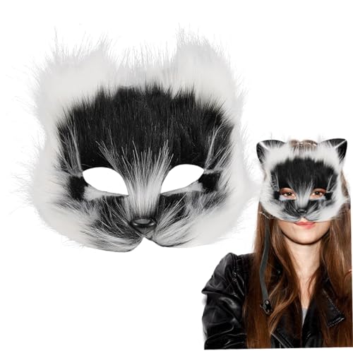 NASSMOSSE Therian Maske, Halbgesichtsfuchsmaske, atmungsaktive Tiermaske für erwachsene Kinder, weiches glattes Cosplay pelziges Kostüm für Maskerade Party Ostern schwarzweißes Set von NASSMOSSE