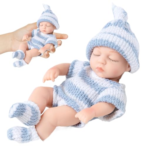 NASSMOSSE Volles Silikon Baby 7 Zoll Mini Silikon Babypuppen, realistische Neugeborenenbabypuppen, weiches Ganzkörper Silikon Baby mit Kleidung, Silikonbabys für Kindergeschenke Blau von NASSMOSSE