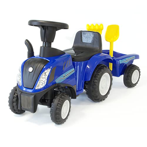 Rutschauto Traktor New Holland ab 1 Jahr | Kinderauto mit Anhänger | Rutschfahrzeug mit Schaufel und Rechen | Kinderfahrzeug in blau | Rutscher mit Soundtasten und Licht | Lizenziertes Kinderspielzeug von NATIV