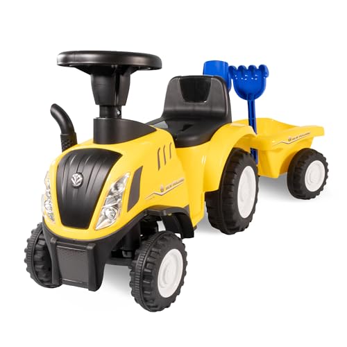 Rutschauto Traktor New Holland ab 1 Jahr | Kinderauto mit Anhänger | Rutschfahrzeug mit Schaufel und Rechen | Kinderfahrzeug in gelb | Rutscher mit Soundtasten und Licht | Lizenziertes Kinderspielzeug von NATIV